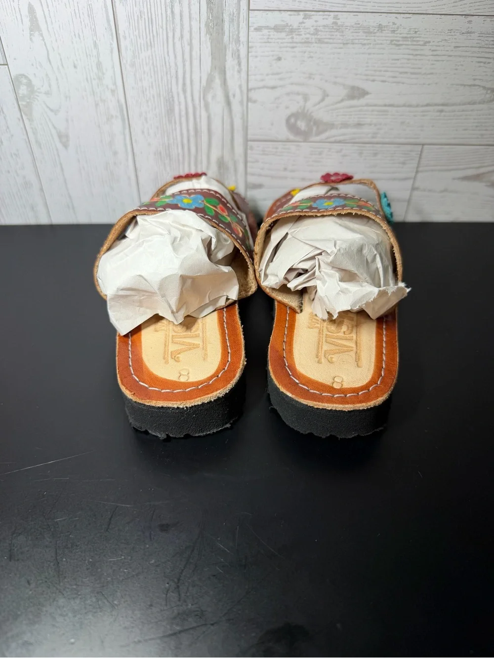 Kids Brown Leather Floral Sandals Size 8 Hand Painted Boho Slip On